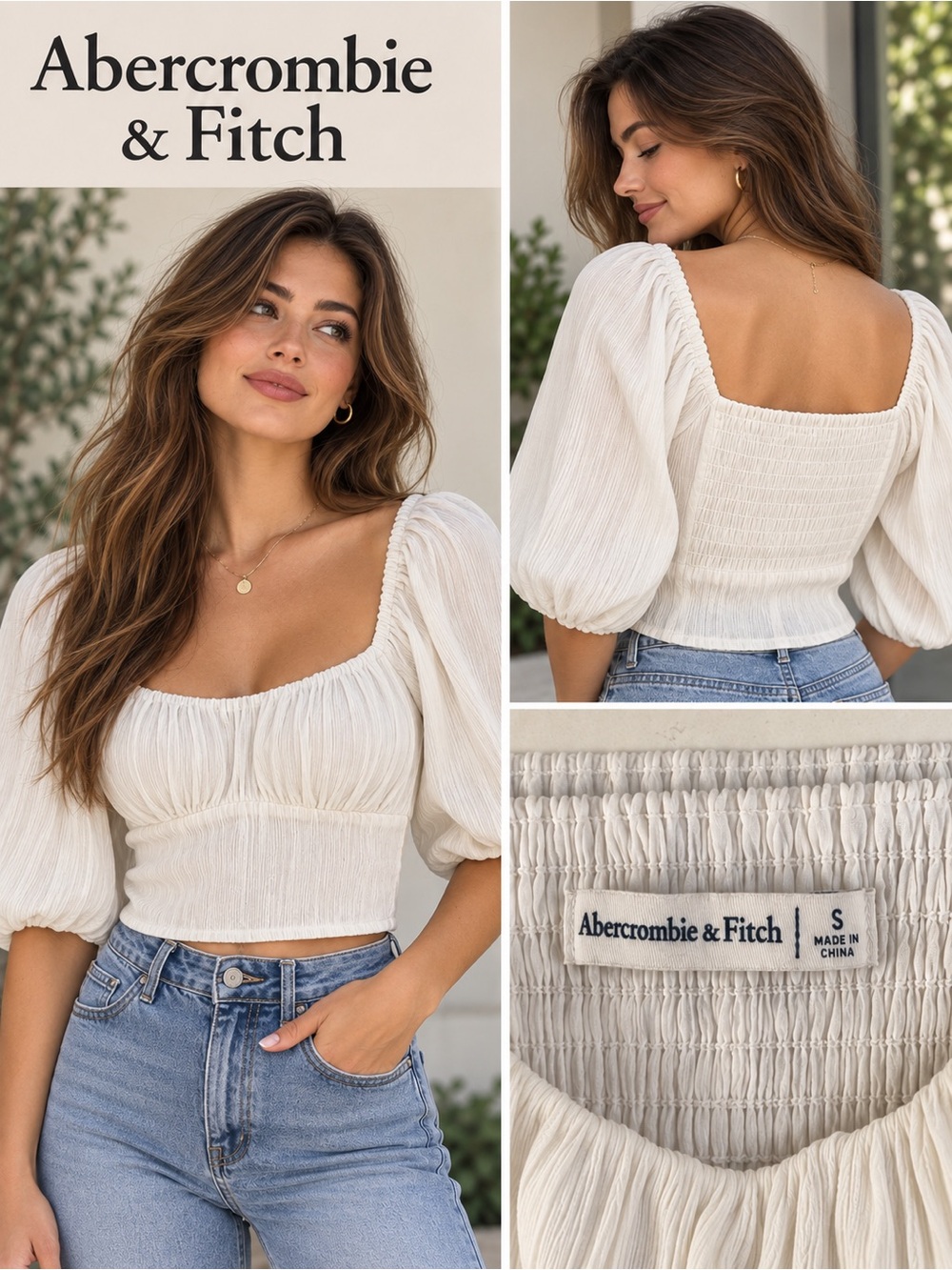 Abercrombie & Fitch Smocked Crop Blouse Puff Sleeve White Size S